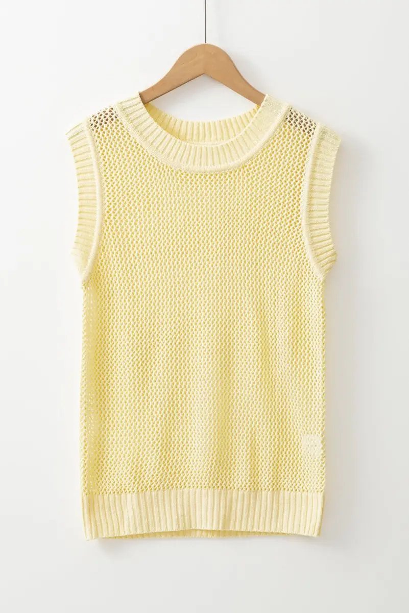 Yellow Solid Color Hollowed Knit Round Neck Sweater Vest - Love Salve